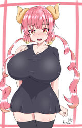 1girls big_breasts blush breasts dress eyebrows_visible_through_hair female female_focus female_only hand_on_breast hohoro horns huge_breasts ilulu_(dragon_maid) large_breasts long_hair miss_kobayashi's_dragon_maid open_mouth pink_hair red_eyes shortstack simple_background solo solo_female solo_focus teeth thick thighhighs thighs tight_clothing