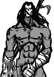 1boy abs black_hair clever_censor darksiders darksiders_2 death_(darksiders) flowing_hair grey_body grey_skin hand_over_penis long_hair male male_only masked masked_male muscular muscular_male naked nephilim nude_male sole_male solo_male toned_male