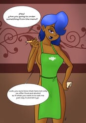 barista blue_hair dark_skin drunken_tales fantasy female lord_sarloc meme mia_(drunken_tales) open_mouth speech_bubble starbuks_meme starbuks_parody waitress