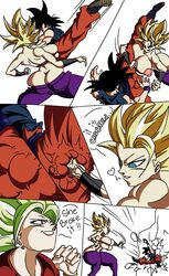 1boy 2girls ass ass_cleavage ball_bulge ballbusting balls balls_bulge battle big_ass big_breasts big_bulge big_butt big_nipples black_hair blonde_hair breasts butt_crack caulifla comic dragon_ball dragon_ball_super earrings english_text exposed_breasts female fight fighting green_eyes green_hair izero2204 kale kale_(berserker) large_breasts legendary_super_saiyan male muscular muscular_female muscular_male nipple_bulge nipples punching_balls ripped_clothing short_hair simple_background smile smug son_goku spiky_hair super_saiyan super_saiyan_2 teeth testicles text thick_thighs thighhighs thighs tight_clothing universe_6/universe_7 universe_6_saiyan/universe_7_saiyan white_background yellow_hair