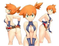 1girls ass breasts eye_contact holding_poke_ball human human_only kasumi_(pokemon) looking_at_viewer misty_(pokemon) nintendo nipple_bulge orange_hair pokemon pokemon_rgby short_hair the_electric_tale_of_pikachu thick_thighs thighs tof white_background