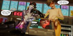 2girls 3d blender blizzard_entertainment blue_skin brown_hair english_text goggles happy_female leta light-skinned_female long_breasts looking_at_viewer nude overwatch partially_clothed pinup pov pov_eye_contact restaurant sagging_breasts short_hair sombra speech_bubble tracer widowmaker