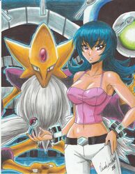 2021 alakazam armpit blue_hair breasts cleavage crop_top female fingernails game_freak gym_leader light-skinned_female medium_hair mega_alakazam midriff midriff_baring_shirt navel nintendo pants pink_crop_top pokeball pokemon pokemon_hgss pokemon_rgby pokemon_species ravern_clouk sabrina_(pokemon) sabrina_(pokemon_hgss) spoon thighs tummy