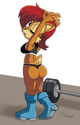 1girls anthro archie_comics arms_behind_back ass big_butt black_nose blue_eyes blush boots breasts brown_body brown_fur brown_hair bubble_butt charredarousal chipmunk curvy curvy_figure exercise eyelashes fur furry looking_back mammal multicolored_hair one_eye_closed red_eyes rodent sally_acorn sega short_hair shorts sideboob sonic_(series) sonic_the_hedgehog_(archie) sonic_the_hedgehog_(comics) sonic_the_hedgehog_(series) sweat sweaty tail tank_top thick_thighs thighs wedgie workout