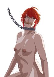 1girls bar_gag bondage chain_leash chains collar completely_nude empty_eyes femsub fire_emblem fire_emblem_fates hinoka_(fire_emblem) leash nintendo nude nude_female red_eyes red_hair riku_kube royalty short_hair small_breasts solo tomboy white_background