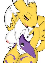 absurd_res anthro areola bandai_namco big_breasts breasts digimon digimon_(species) female half-closed_eyes hi_res huge_breasts justwhite looking_at_viewer narrowed_eyes nipples nude renamon smile smirk solo thick_thighs tongue tongue_out