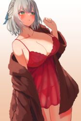 1girls 2020 absurdres bare_shoulders blush breasts chemise female female_focus female_only green_eyes highres hololive hololive_fantasy hololive_japan jacket large_breasts mole mole_on_breast off_shoulder panties red_panties roco_(rocoroco1115) shirogane_noel short_hair silver_hair solo solo_female solo_focus underwear virtual_youtuber