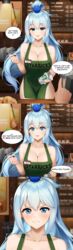 1girls apron aqua_(konosuba) aqua_eyes big_breasts blue_eyes blue_hair breasts dialogue female hair_ornament huge_breasts humor iced_latte_with_breast_milk kono_subarashii_sekai_ni_shukufuku_wo! large_breasts long_hair meme rejection sasoura speech_bubble standing tearing_up tears text thick_thighs thighs wide_hips