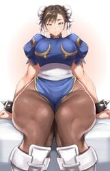 absurdres anagumasan bed boots bracelet breasts brown_eyes capcom chinese_clothes chun-li double_bun female fully_clothed gold_trim highres jewelry large_breasts pantyhose puffy_sleeves sash short_hair sitting solo spiked_bracelet spikes street_fighter street_fighter_ii thick_thighs thighs thunder_thighs white_background white_footwear