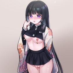 bangs black_hair blush bottomless bottomless_skirt crop_top demon_slayer female female_only functionally_nude haori heart-shaped_pupils hime_cut kimetsu_no_yaiba long_hair long_sleeves looking_at_viewer microskirt miniskirt nipple_piercing no_bra no_panties original_character pale-skinned_female pleated_skirt pointless_clothing purple_eyes pussy_piercing qwq68782385 revealing_clothes shaved_pussy skimpy skirt solo sweatdrop uncensored visible_breath yui_(qwq68782385)