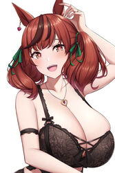 1girls 2021 alternate_version_available animal_ears arm_strap bangs black_bra blush bra breasts brown_hair cleavage female female_focus female_only fou_zi green_ribbons hair_ribbon heart heart-shaped_pupils heart_necklace highres horse_ears horse_girl huge_breasts lace-trimmed_bra lace_trim multicolored_hair nice_nature_(umamusume) older open_mouth paintcan red_hair ribbon simple_background smile solo solo_female solo_focus streaked_hair symbol-shaped_pupils teeth two-tone_hair umamusume underwear upper_body upper_teeth yellow_eyes