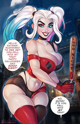 1girls ange1witch bare_shoulders baseball_bat bat_(object) batman batman_(bruce_wayne) batman_(series) big_breasts blue_eyes blue_hair breasts bruce_wayne bustier choker cleavage collarbone dc dialogue eyeshadow female female_focus female_only fingerless_gloves gloves grin happy happy_female harleen_quinzel harley_quinn harley_quinn_(2019) harley_quinn_(series) large_breasts light-skinned_female light_skin lipstick makeup mismatched_legwear multicolored_hair night offscreen_character outside patreon pink_hair platinum_blonde_hair red_lipstick signature smile solo speech_bubble standing suicide_squad thick_eyebrows thick_thighs thighhighs thunder_thighs twintails villain villainess watermark weapon white_hair wide_hips