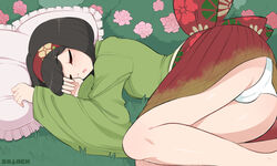 bangs big_butt black_hair blunt_bangs bubble_butt bush butt cameltoe cleft_of_venus creatures_(company) erika_(pokemon) erika_(pokemon_lgpe) eyebrows_visible_through_hair female flower game_freak grass gym_leader hairband hakama headband highres nintendo open_mouth panties pantyshot pillow pokemon pokemon_(game) pokemon_lgpe sataenart short_hair sleeping solo tagme underwear upskirt white_panties white_underwear