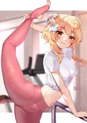 :3 artist_name bangs blonde_hair blurry blurry_background blush breasts commentary crop_top english_commentary eyebrows_visible_through_hair female flower genshin_impact hair_flower hair_ornament head_tilt highres indoors leg_up light_particles looking_at_viewer lumine_(genshin_impact) medium_breasts midriff nail_polish navel pantyhose pink_legwear pink_nails shirt short_hair short_sleeves smile solo squchan stirrup_legwear stomach stretch thighs tied_shirt toeless_legwear toenail_polish toenails white_flower white_shirt yellow_eyes yoga_pants