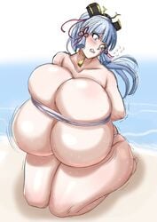 1girls bandage blush female female_only genshin_impact gigantic_breasts kamisato_ayaka light_blue_eyes mkonstantinov struggling struggling_to_fit thick_thighs tight white_hair