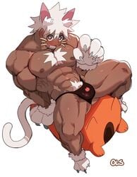 1boy abs blush cat_ears cat_paws cat_tail chest_hair clark_(lightsource) dark-skinned_male dark_skin gay hi_res leaning_back leaning_on_hand lightsource looking_at_viewer male male_only muscles muscular muscular_male original paws penis_bulge pubic_hair red_eyes sitting solo solo_male tail thong viewed_from_above whiskers white_background white_hair