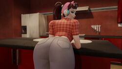 1girls 3d alenabyss alternate_costume ass ass_focus back_view big_ass brown_eyes brown_hair clothed cruiser_d.va d.va eyeshadow female female_only fully_clothed headphones kitchen leaning_forward lipstick looking_at_viewer looking_back overwatch ponytail seductive_look smile solo tight_clothing tight_pants