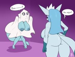 anthro appelknekten ass big_breasts blue_body blue_hair blue_nipples breasts costume duo eeveelution glaceon halloween large_breasts long_hair nintendo nipples pokémon_(species) pokemon purple_eyes vaporeon