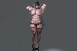 1girls 3d abs arms_up big_breasts black_high_heels brown_hair extreme_muscles female female_only gray_background grey_background high_heels huge_breasts looking_at_viewer mafavam muscular_female muscular_thighs reflective_floor solid_color_background solo_female thick_thighs topless veiny wide_hips