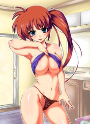 1girls areolae armpits bandeau bare_shoulders black_panties blue_eyes breasts brown_hair curvy erect_nipples female g-string huge_breasts johnny_(artist) johnny_(from_scratch) lace-trimmed_panties large_breasts lyrical_nanoha mahou_shoujo_lyrical_nanoha nanoha_takamachi navel nipple_slip nipples panties ponytail shiny shiny_skin side_ponytail skindentation smile solo takamachi_nanoha tied_hair underwear