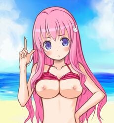 1girls baka_to_test_to_shoukanjuu beach blue_eyes blush breasts female hand_on_hip himeji_mizuki hips kamimiya long_hair nipples pink_hair solo water