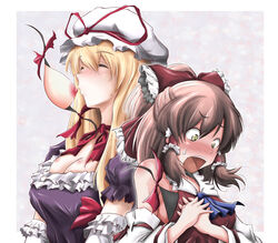 2girls ao_usagi areolae blonde_hair blush bow breast_sucking breasts brown_hair closed_eyes detached_sleeves elbow_gloves erect_nipples female female_only gap gloves hairbow hat human humor long_hair molestation multiple_girls nipples no_bra open_mouth portal portal_(object) reimu_hakurei remote_transfer short_hair surprised sweat sweatdrop touhou yellow_eyes yukari_yakumo yuri