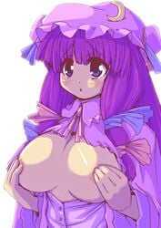 :< blush breasts breasts_out covering covering_breasts covering_nipples crescent female female_only hair_ribbon hat human large_breasts long_hair no_bra open_clothes open_shirt patchouli_knowledge purple_eyes purple_hair red_phantom ribbon simple_background solo tear touhou very_long_hair white_background