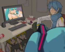 2boys 2girls autlaws background blood blush breasts caught clothed color computer female group hatsune_miku hidden kagamine_len kagamine_rin kaito_(vocaloid) male medium_breasts nipples nosebleed pornography scarf sitting sweatdrop tenga tissue_box vocaloid