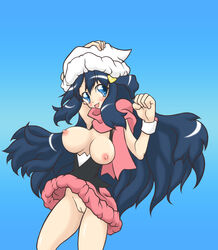 beanie beige_skin blue_background blue_eyes blush breasts color dawn_(pokemon) female female_only hair hat human long_hair nintendo nipples open_eyes pokemon poketch scarf solo vulva