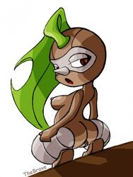 anthro ass back_view barefoot breasts brown_eyes brown_skin color female female_only looking_back nintendo nuzleaf open_eyes open_mouth pokemon simple_background solo squatting the_brave vulva white_background