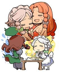 breasts cleaning drooling female hong_meiling hounori imagining maid multiple_girls nipples red_hair sakuya_izayoi sweat the_embodiment_of_scarlet_devil touhou white_hair yuri