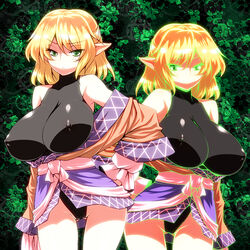 breasts erect_nipples green_eyes huge_breasts mizuhashi_parsee parese pointy_ears red_eyes short_hair symbol-shaped_pupils text_in_eyes touhou tro