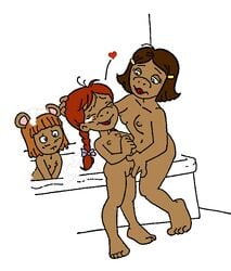 3girls arthur_(series) bangs bath bathing brown_fur brown_hair d.w._read female_only fingering francine_frensky heart_symbol licking_lips marcos muffy_crosswire pigtails red_hair soap_bubbles white_background yuri