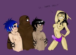 1girls 2d_(gorillaz) 3boys big_breasts blushing breasts dialogue english_text female gorillaz imminent_pegging male murdoc_niccals navel nipples noodle_(gorillaz) nude nudity russel_hobbs sex_toy strap-on tied_up