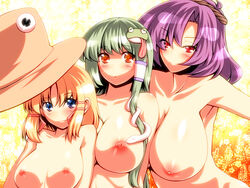 3girls 4:3_aspect_ratio ambiguous_nudity blonde_hair blue_eyes breasts bust frog green_hair hair_ornament hat highres huge_breasts kanako_yasaka large_breasts lineup looking_at_viewer multiple_girls nipples no_bra nude paheal pentagram purple_hair red_eyes sanae_kochiya snake suwako_moriya symbol-shaped_pupils touhou tro uncensored uncensored_breasts