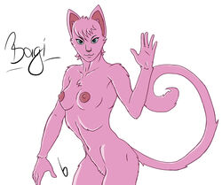 1girls 80s anthro bagi bagi_the_monster_of_mighty_nature breasts cat feline female fur furry green_eyes kemono mammal nipples pink_fur solo tail