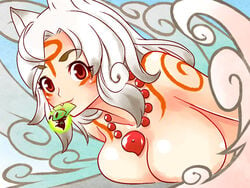 1girls amaterasu breasts enraku_(pixiv) female gijinka goddess issun jewelry mouth_hold necklace okami personification pointy_chin red_eyes solo tribal_markings tsuutenkaaku white_hair