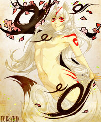 amaterasu animal_ear arched_back breasts convenient_censoring dog_ear ferazhin gijinka long_hair markings midriff nude okami personification petals red_eyes tail white_hair wolf_ear wolf_tail