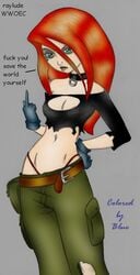 collar color colored disney female female_only goth human kim_possible kimberly_ann_possible medium_breasts middle_finger raylude solo straight_hair tagme thong torn_clothes wwoec