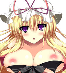 blonde_hair breasts hat kishiki_kanmitsu large_breasts long_hair nipples purple_eyes touhou yukari_yakumo