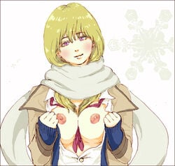 axis_powers_hetalia beige_skin blonde_hair blush breasts closed_mouth clothes color female female_only front_view hair human ivan_braginski looking_at_viewer nipples open_clothes open_eyes purple_eyes rule_63 russia_(hetalia) solo tagme