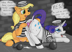 2012 anus applejack_(mlp) ass ball_and_chain blonde_hair blue_eyes clothing crotchboobs cutie_mark dialogue duo english_text equine female freckles friendship_is_magic green_eyes hair horn horse insertion my_little_pony nezudomo penetration pony prison purple_hair pussy rarity_(mlp) sweat text tongue unicorn vaginal_insertion vaginal_penetration yuri