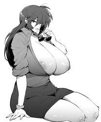 1girls barely_visible_nipples big_breasts black_hair breasts cleavage cleavage_overflow curvaceous female genderswap_(mtf) getter_robo greyscale human jin_hayato monochrome nip_slip nipple_slip puffy_nipples rule_63 skirt t-shirt thick_thighs thirty_8ght