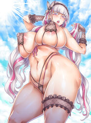 1girls alternate_costume beach bikini breasts curvy eternity_(last_origin) eternity_(lingerie_bikini)_(last_origin) female female_focus female_only garter huge_breasts last_origin light-skinned_female light_skin momofuki_rio official_alternate_costume pink_hair plump_lips pubic_stubble solo two_tone_hair voluptuous white_hair