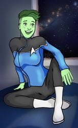 2020 alien artist_logo blue_shirt clothed d'vana_tendi dbx female female_only freckles green_eyes green_hair green_skin happy humanoid on_floor orion_(species) sitting solo star_trek star_trek_lower_decks starfleet_insignia starfleet_uniform undercut window