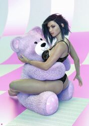 3d anna_exiting_affection blue_eyes blue_hair large_breasts lexx228 lingerie medium_hair seated sitting stuffed_animal teddy_bear