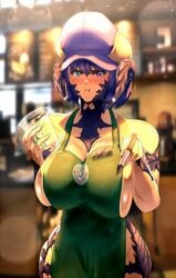 apron apron_only au_ra big_breasts blue_eyes blue_hair blush cup detective detective_nanama final_fantasy final_fantasy_xiv hat horns iced_latte_with_breast_milk meme milf nanama_kha nanamaxiv pout puffed_cheeks scales short_hair starbucks wide_hips xaela