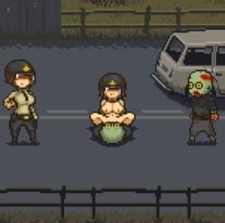 1boy 1girls animated big_breasts cowgirl cowgirl_position datzz dead_ahead female gif green_skin helmet interspecies lilly_(voltjolt) male necrophilia pixel_art rule_63 runner_(dead_ahead) street tagme white_skin willy_(dead_ahead) zombie