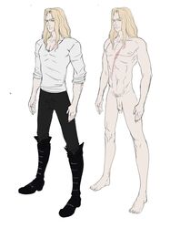 adonis_belt alucard_(castlevania) areolae bara bara_tits belly_button blonde_hair castlevania castlevania_(netflix) character_reference clothed_male clothed_male_nude_male cock collarbone completely_naked completely_nude_male dhampir feet foreskin full_body full_color knees long_hair_male male_only male_pubic_hair muscular_male naked nipples nude nude_male pale-skinned_male pale_skin partially_retracted_foreskin penis penis_tip pubic_hair reference_image reference_sheet scar solo_male uncensored uncircumcised uncut vampire veiny_penis