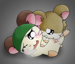 blush cappy_(hamtaro) chesnut_(artist) furry grey_background hamster hamtaro_(series) hat licking_penis no_humans open_mouth sparkle_(hamtaro) whiskers wink